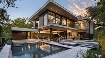Fototapeta premium Modern architectural design of luxury house with serene pool area
