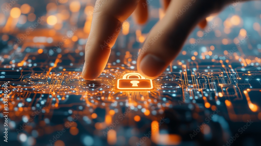 Poster a hand reaching for a glowing digital lock over a futuristic network grid, symbolizing data security