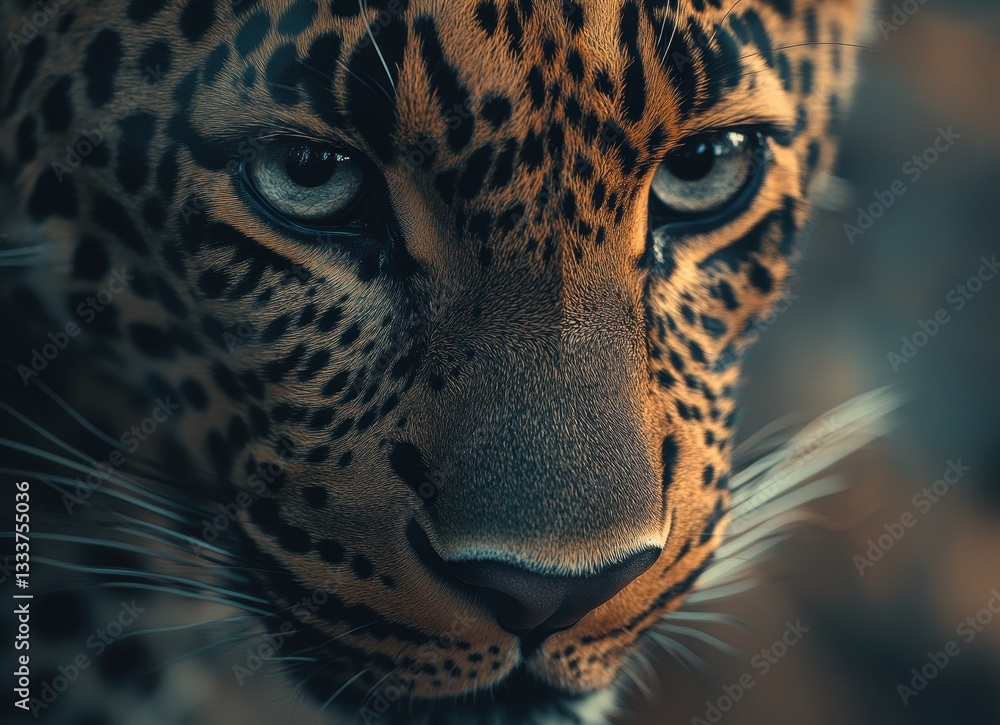 Poster intense close-up of a stunning leopard with striking eyes and beautiful fur patterns captured in a n