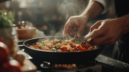 close up of chef making delicious food in the kitchen
