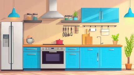 Modern Bright Kitchen Interior with Blue Cabinets and Open Shelves