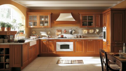 Fototapeta premium Elegant Wooden Kitchen with Warm Lighting and Modern Appliances