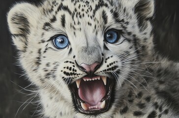 Intense Close-Up of Adorable Snow Leopard Cub with Striking Blue Eyes and Open Mouth Capturing the Wild Spirit of Nature in a Stunning Portrait