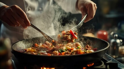 close up of chef making delicious food in the kitchen