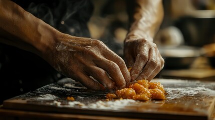 close up of chef making delicious food in the kitchen