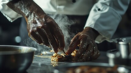 close up of chef making delicious food in the kitchen