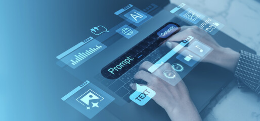 Futuristic AI interface with prompt generation on laptop.