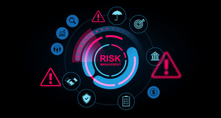 Risk management concept with futuristic digital interface and financial security icons. 3D Rendering