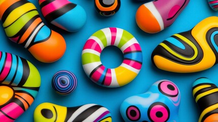 Obraz premium Colorful Abstract Stones with Vibrant Patterns on Blue Background