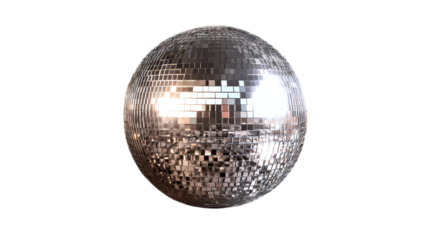 Silver disco mirror ball with a reflective surface, isolated on transparent background