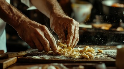 close up of chef making delicious food in the kitchen