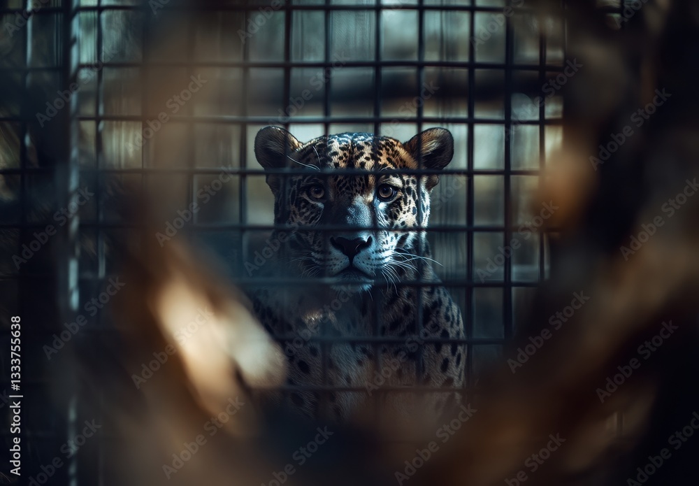 Poster intense gaze of a caged leopard behind bars in a nature reserve, showing patterns and emotions of wi