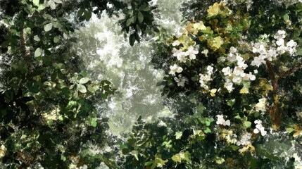 Fototapeta premium Misty forest, white blossoms, lush foliage