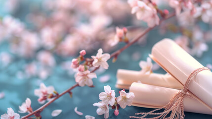 卒業証書と桜/卒業・青春と爽やかな門出のコンセプトイメージ