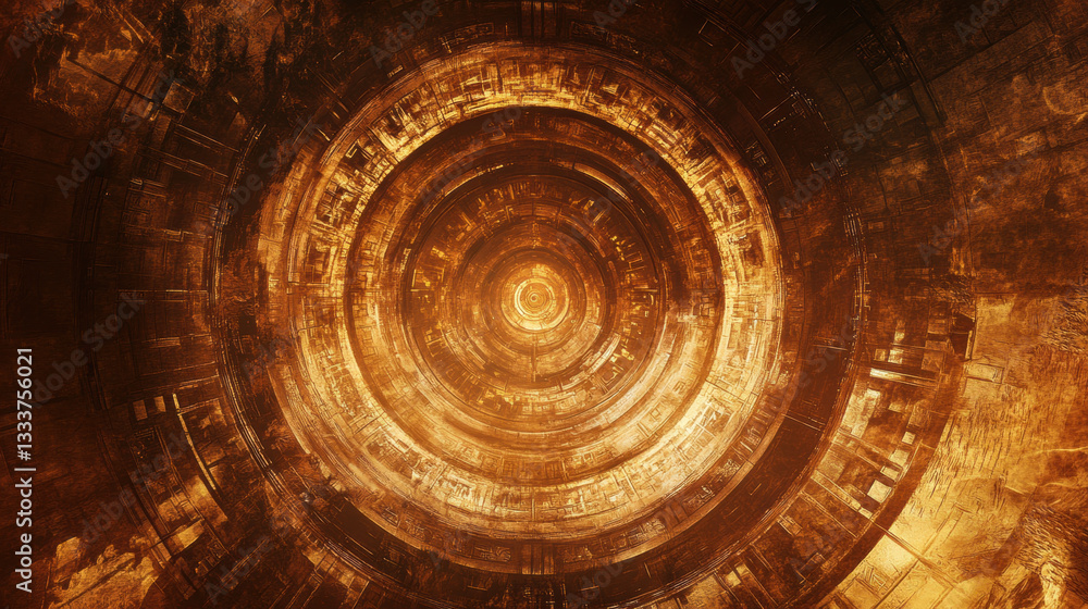 Poster mesmerizing view of glowing, circular tunnel with intricate patterns, evoking sense of time travel a