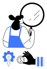 Woman holds magnifying glass for self-reflection. Gear symbol, downward arrow, hand holding coin, and striped bars suggest decision-making, financial care, and self-evaluation. Ideal