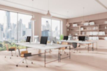 Modern office interior with city view background. 3D Rendering