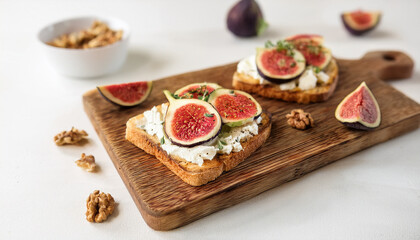 Fig and ricotta toasts on wooden board. Delicious food. Tasty snack. Cooking and culinary concept.