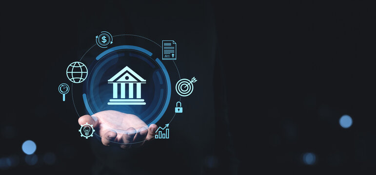 Digital banking technology concept with financial icons on dark background.
