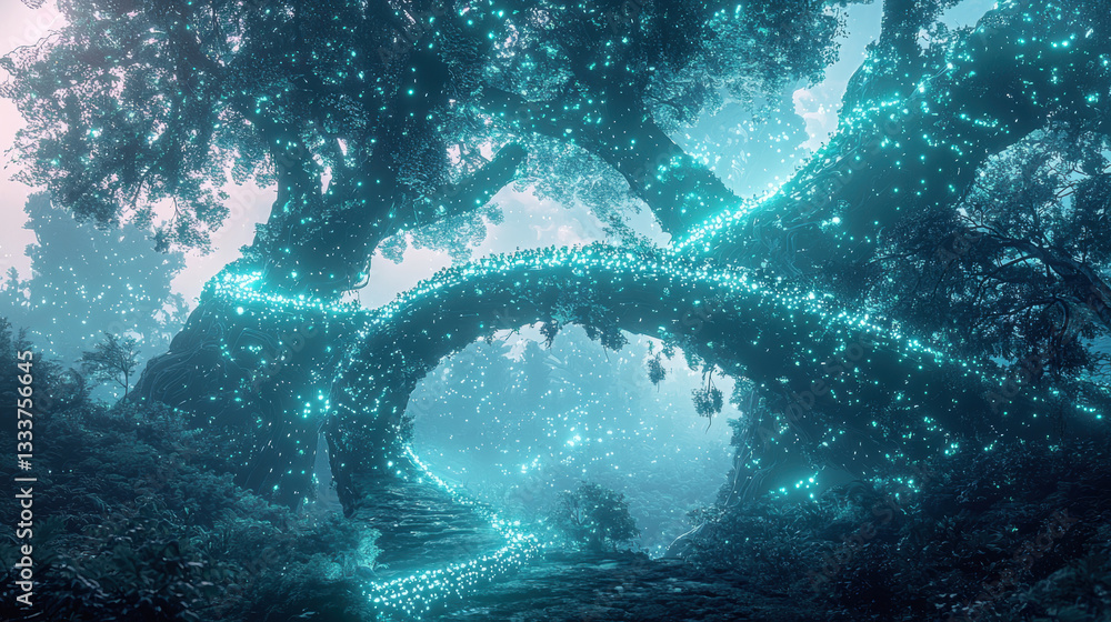 Aufkleber mystical forest scene with ancient trees illuminated by glowing blue lights, creating enchanting and