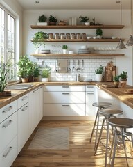 Modern minimalist kitchen with wooden shelves and green plants
