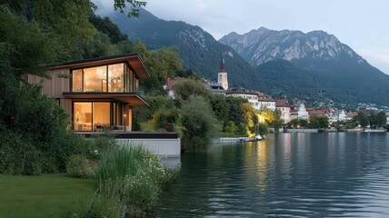 Fototapeta premium Modern Lakeside House with Mountain Views at Dusk
