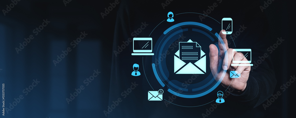 Aufkleber digital communication network with email icons and devices.