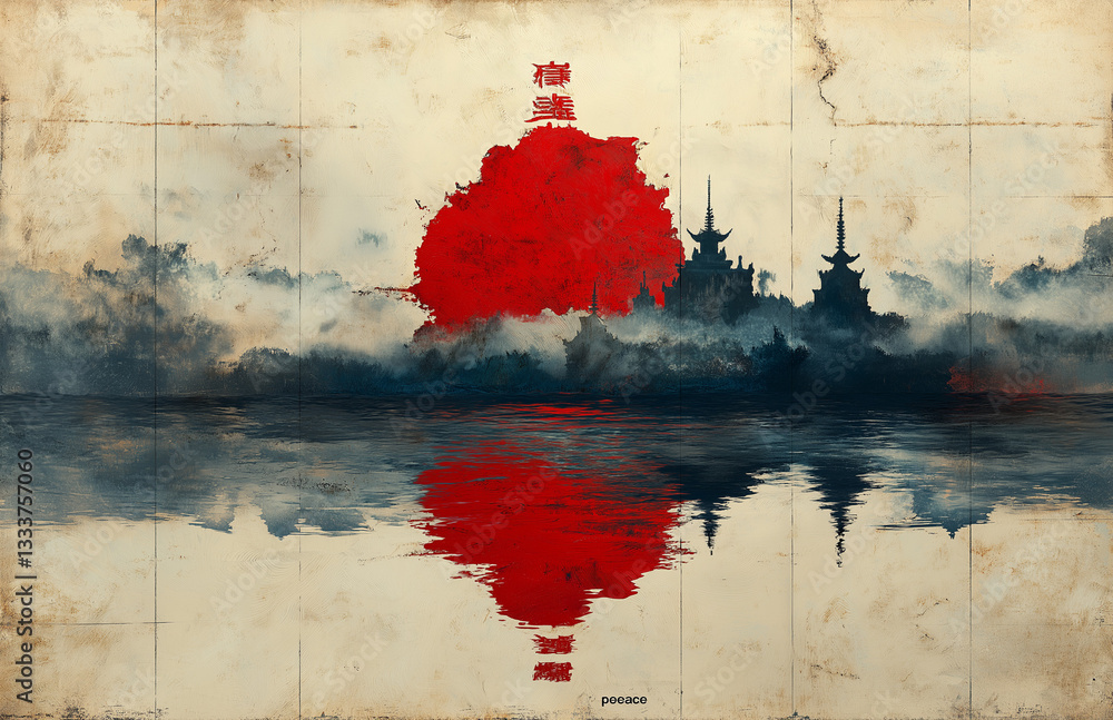 Poster abstract digital art with red, gray, and white blocks, layered brushstrokes, and textured background