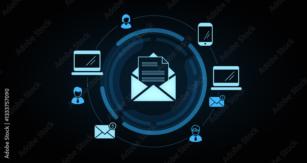 Poster email communication digital concept with glowing blue envelope icon and connected devices. 3d render