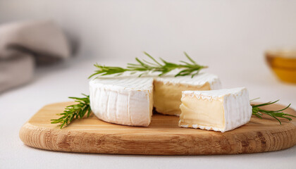 Fresh cheese wheel and garnished rosemary on wooden board. Tasty food. Organic product.