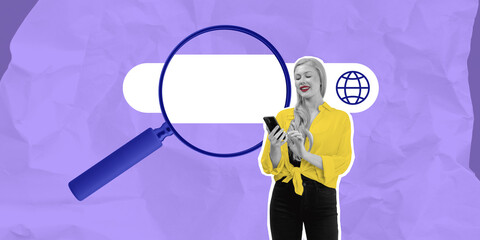 Woman using smartphone with search bar and magnifying glass conc