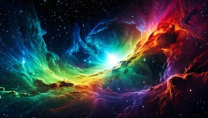 colorful abstract artwork featuring swirling waves in a cosmic setting