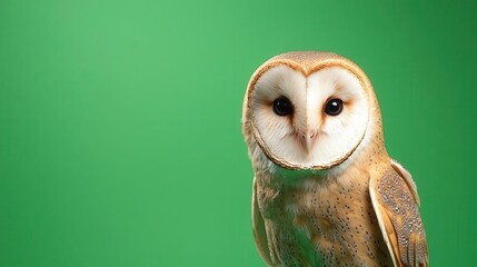 Realistic Barn Owl staring directly forward, heartshaped face, soft feathers, filmed on a green screen for VFX use
