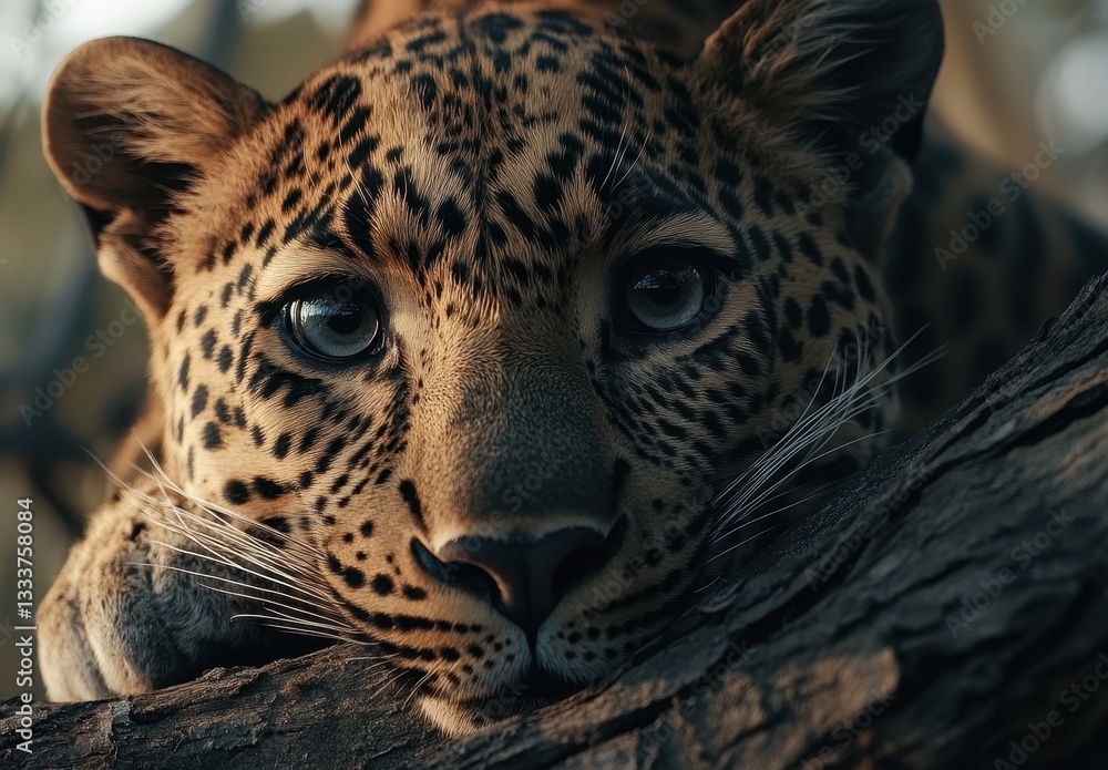 Poster intimate portrait of a leopard resting on a tree, showcasing its beautiful spots and intense gaze in