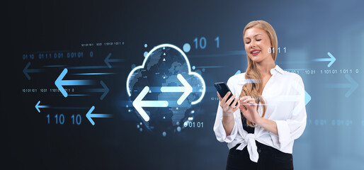 Woman using smartphone with cloud computing technology concept.