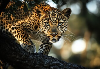Obraz premium Intricate Close-Up of a Graceful Leopard Revealing Its Distinctive Spots While Perched on a Tree Branch in Natural Habitat During Golden Hour Light