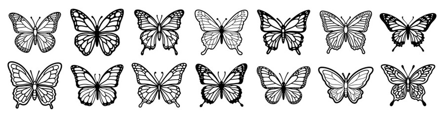 Detailed black and white butterfly silhouette collection featuring various wing patterns for design, tattoo art, and decorative illustration