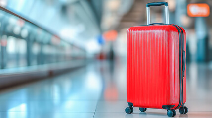 Bright red suitcase waiting at an airport terminal near the departure gates