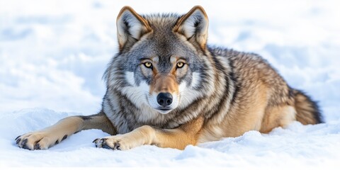 Fototapeta premium Winter's Gaze: A majestic gray wolf rests calmly in a pristine snow-covered landscape, its intense stare capturing the untamed spirit of the wild.