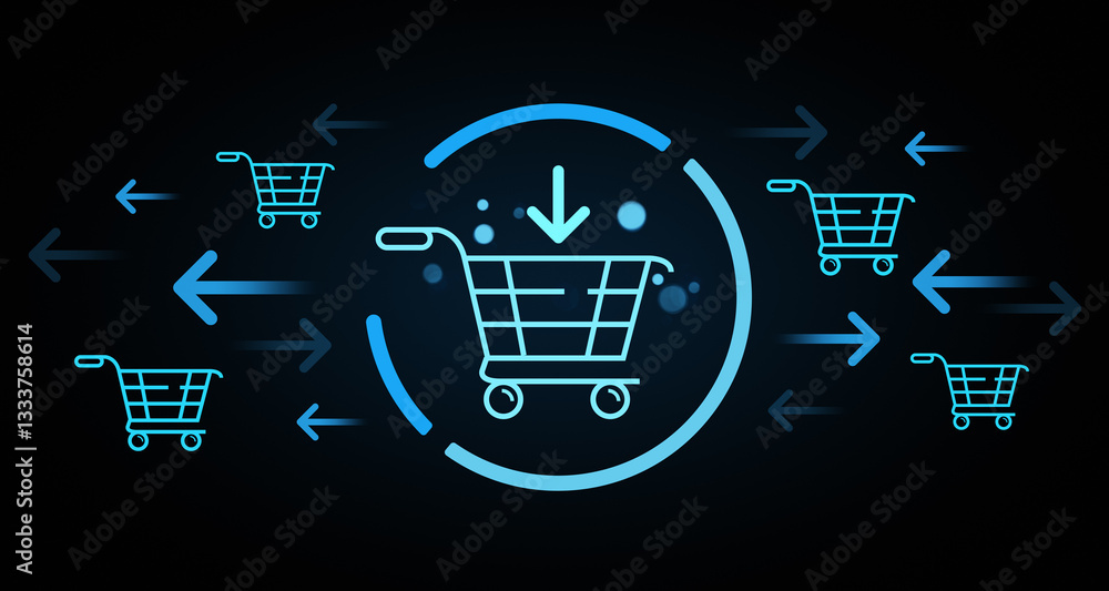 Poster digital shopping cart concept with glowing blue icons and arrows on dark background. 3d rendering