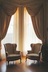 Serene Sunlight Illuminating Elegant Wingback Chairs in a Classic Interior