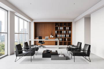 Modern executive office with stylish furniture and large windows. 3D Rendering