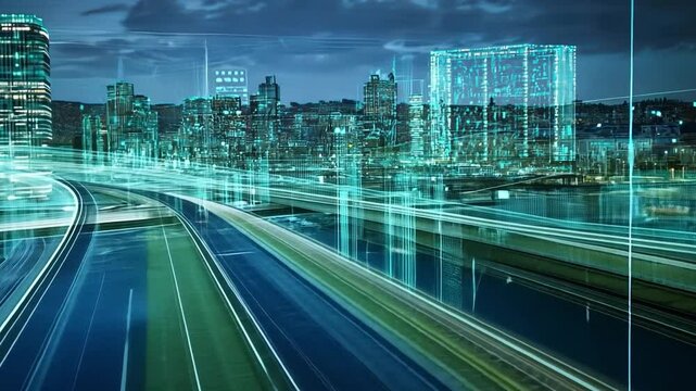 City's Digital Embrace: A futuristic cityscape, interwoven with data streams and glowing digital overlays, showcases the evolving urban landscape driven by technological advancements.