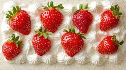 Fresh ripe strawberries arranged on a white creamy dessert surface
