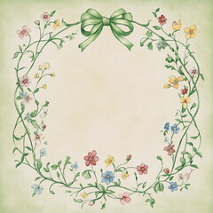 Floral decorative border featuring colorful flowers and greenery with a green ribbon accent in a soft background