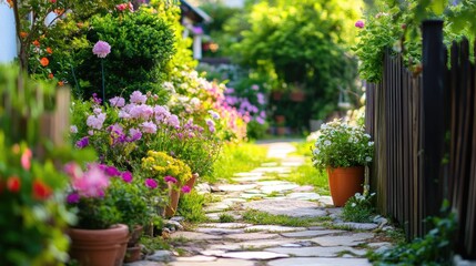 Lush Garden Pathway Surrounded by Colorful Flowers in Springtime