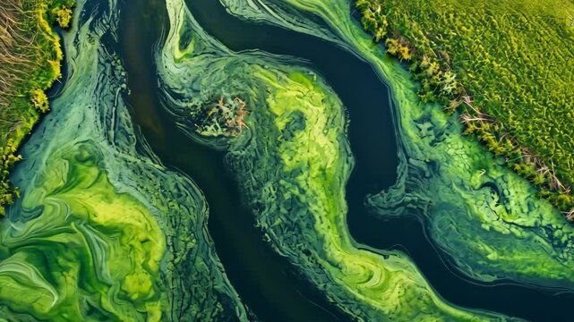   Emerald Waters: An aerial panorama captures the mesmerizing patterns of algae swirling within a river's embrace. Verdant hues merge with the flowing water, painting a scene of natural art.