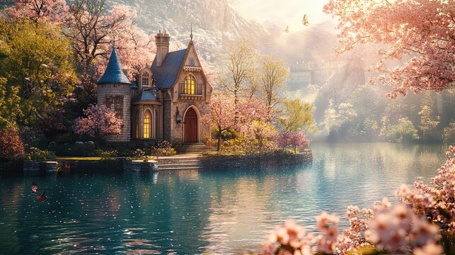 A picturesque castil exterior near a tranquil lake, generate AI