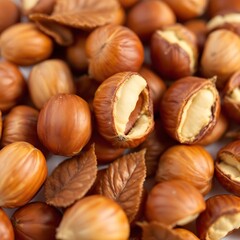 Fototapeta premium Close-Up of Organic Hazelnuts in Their Shells with Brown Husk Leaves