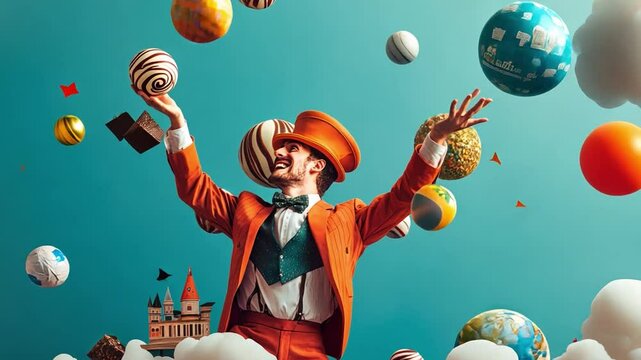 Juggler and Floating Orbs: A whimsical scene of a juggler balancing colorful orbs in mid-air, with fantasy elements like castle and clouds set against a vibrant teal backdrop.